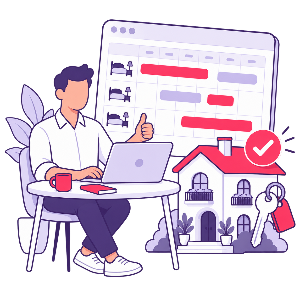 An accommodation host managing a booking calendar beside a lodge, with a confirmed reservation and room key